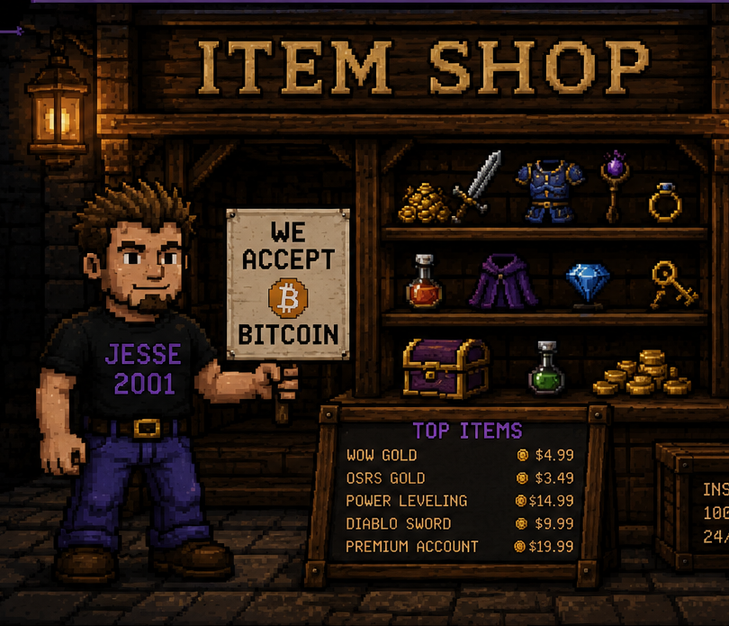 Pixel art item shop with Jesse the merchant accepting Bitcoin and shelves of loot for sale